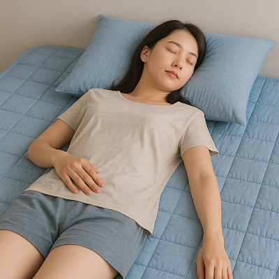 여름밤에 시원하게 눕기 좋은 이불패드 위 사람