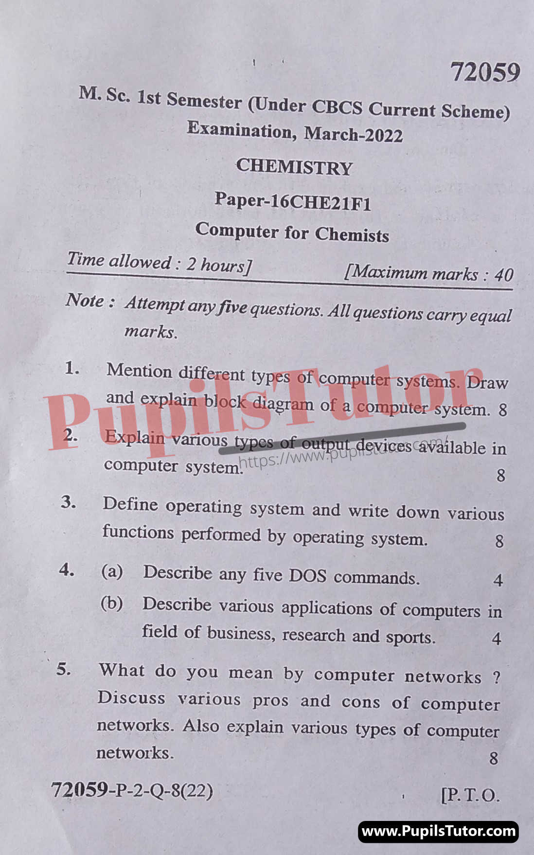 MDU (Maharshi Dayanand University, Rohtak Haryana) MSc Chemistry CBCS Scheme First Semester Previous Year Computer For Chemists Question Paper For March, 2022 Exam (Question Paper Page 1) - pupilstutor.com