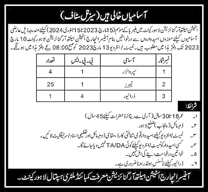Station Health Organization Lahore cantt Jobs 2023 Last Date to Apply | www.nokripao.com