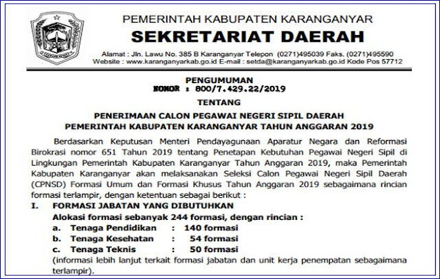 Formasi CPNS Tahun 2019 Kabupaten Karanganyar 