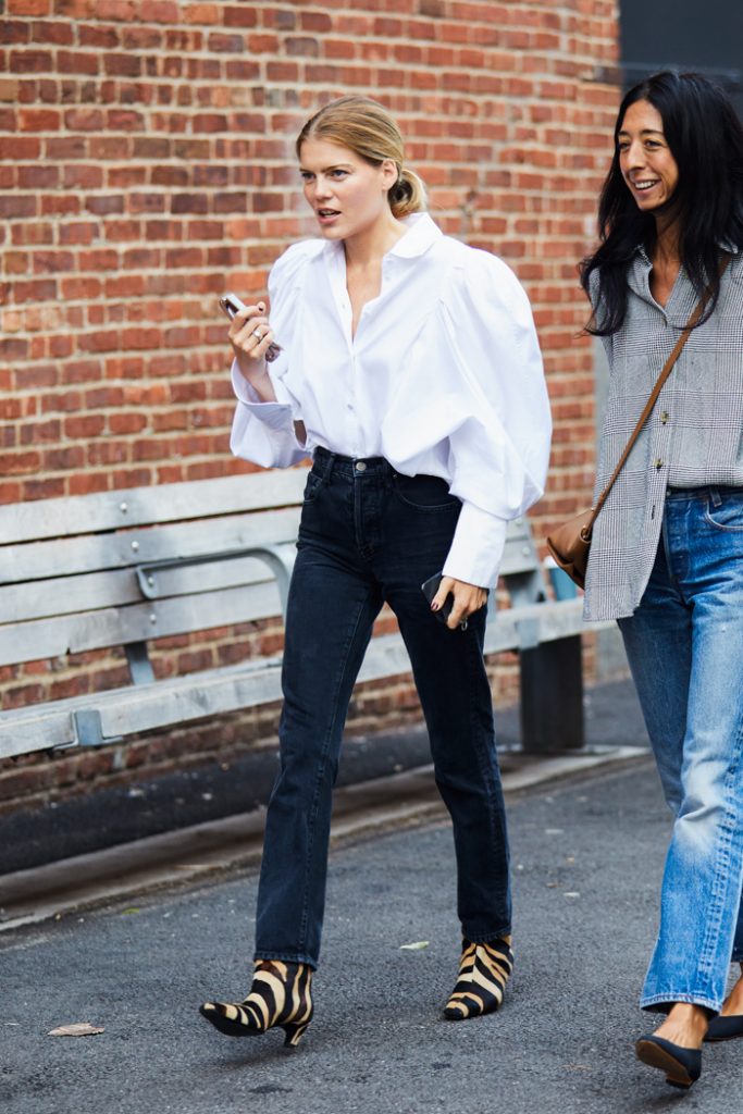 25 White Statement Blouses — Spring Style — Puff-Sleeve White Top With Black Jeans, Animal Print Boots