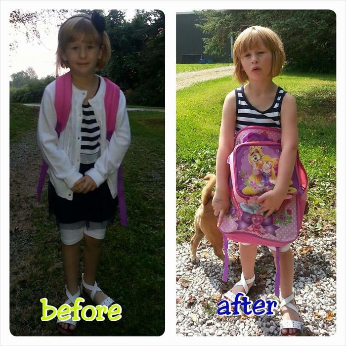 27 Hilariously Adorable Photos Of Children Before And After Their First Day Of School