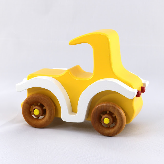 Handmade Wood Toy Car, Model-T Coupe, Handmade and Finished with Bright Yellow and White Acrylic Paint and Amber Shellac, Bad Bob's Custom Motors