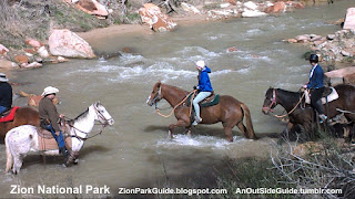 Crossing Virgin River Zion Canyon Horseback riding in Zion National Park