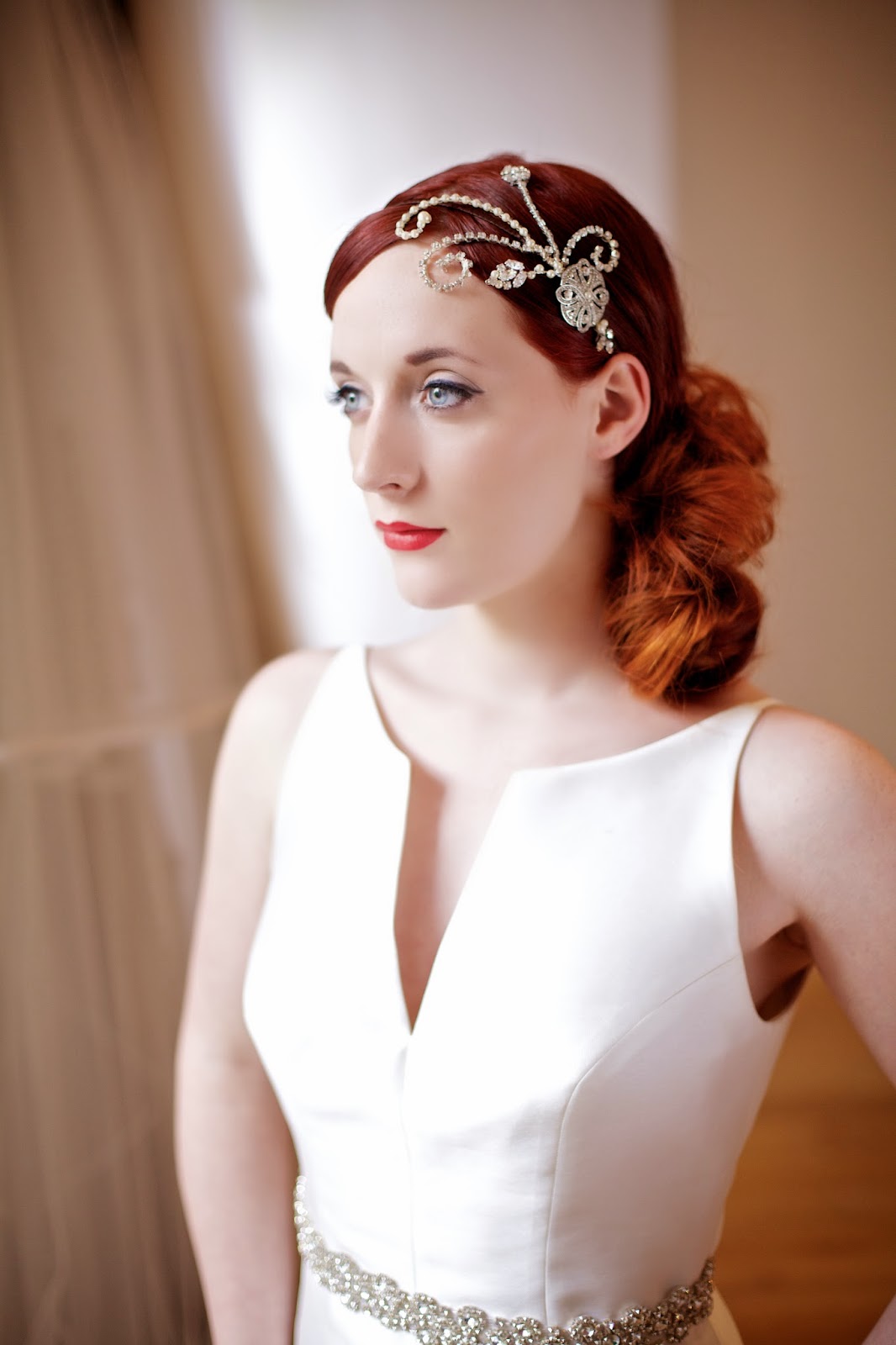 Art deco side swirl rhinestone and pearl bridal headband trend 2104 wedding