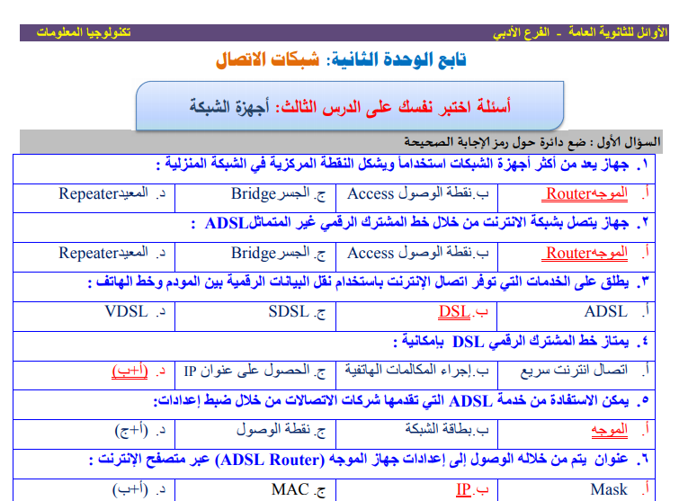 مراجعة تكنولوجيا شاملة في التكنولوجيا النظري للصف الثاني عشر أدبي الفصل الثاني