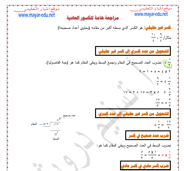 مادة اثرائية وملخص لكتاب الرياضيات للصف الخامس  - الفصل الثاني