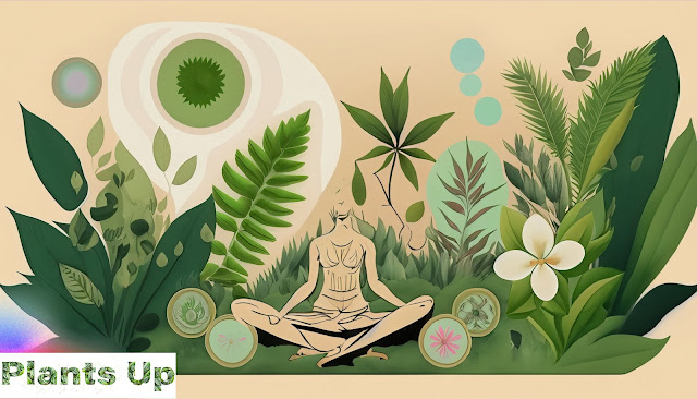 A serene image featuring lush greenery, meditative scenes, and wellness symbols, illustrating the synergy of plants, health, and meditation.