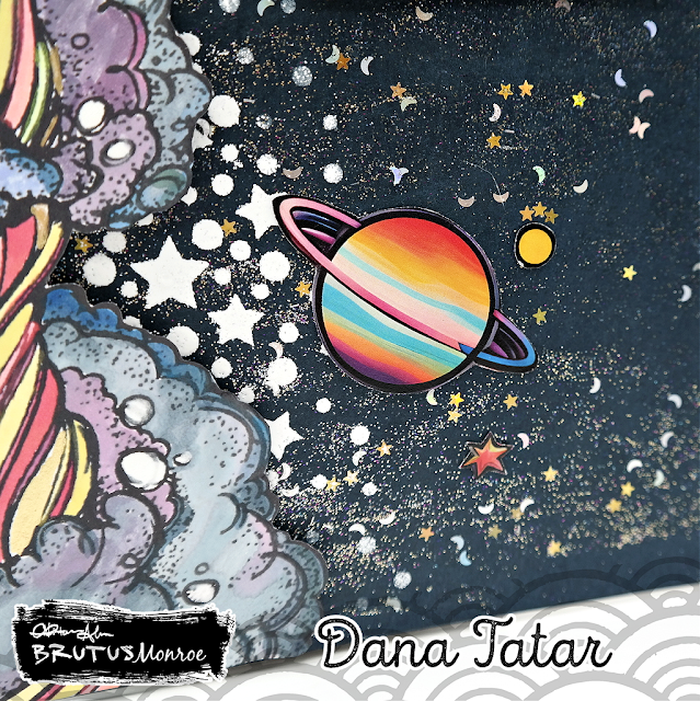 Out of this world mixed media space scrapbook layout with stenciled and glittered galaxy background and stamped and colored Rocketship embellishment.