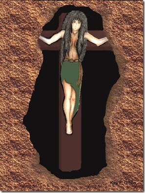 Woman on cross behind rock