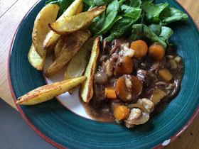 rationing Curried potato wedges; leftover brisket with gravy & veg; spinach