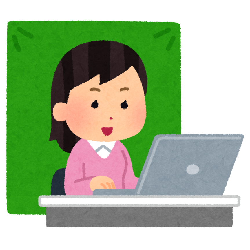 無料イラスト かわいいフリー素材集 グリーンバックを背景にパソコンを使う人のイラスト 女性