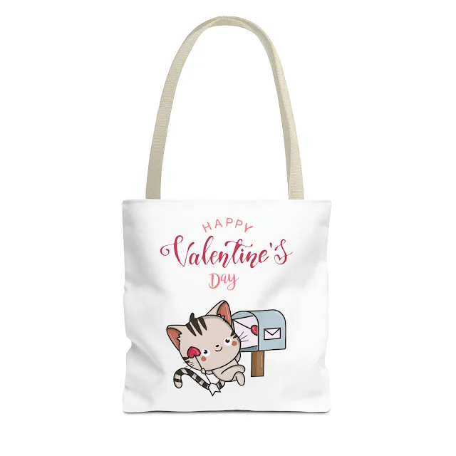 Tote Bag With Colorful Illustrated Cute Cat Happy Valentine's Day Receiving Envelope from Letter Box