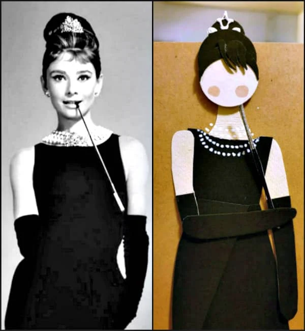 black and white photograph of Audrey Hepburn alongside papercut Audrey Hepburn figure that duplicates photographic image