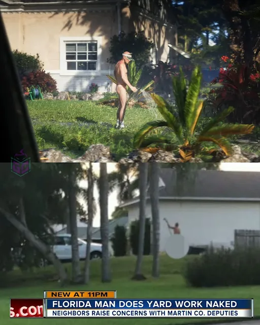 Idoso nu regando jardim em GTA6 juntamente coma referencia do ocorrido na Florida