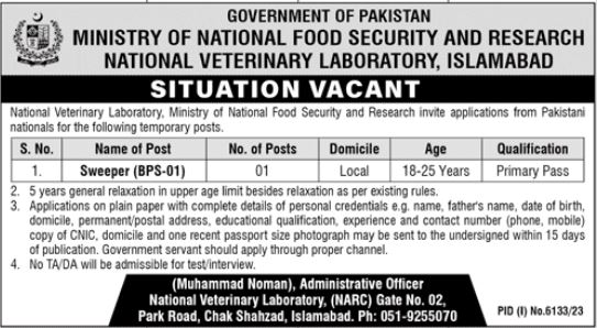 Ministry of National Food Security & Research MNFSR Labor Jobs In Islamabad 2024