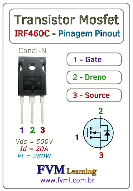 Datasheet-Pinagem-Pinout-Transistor-Mosfet-Canal-N-IRF460C-Características-Substituição-fvml