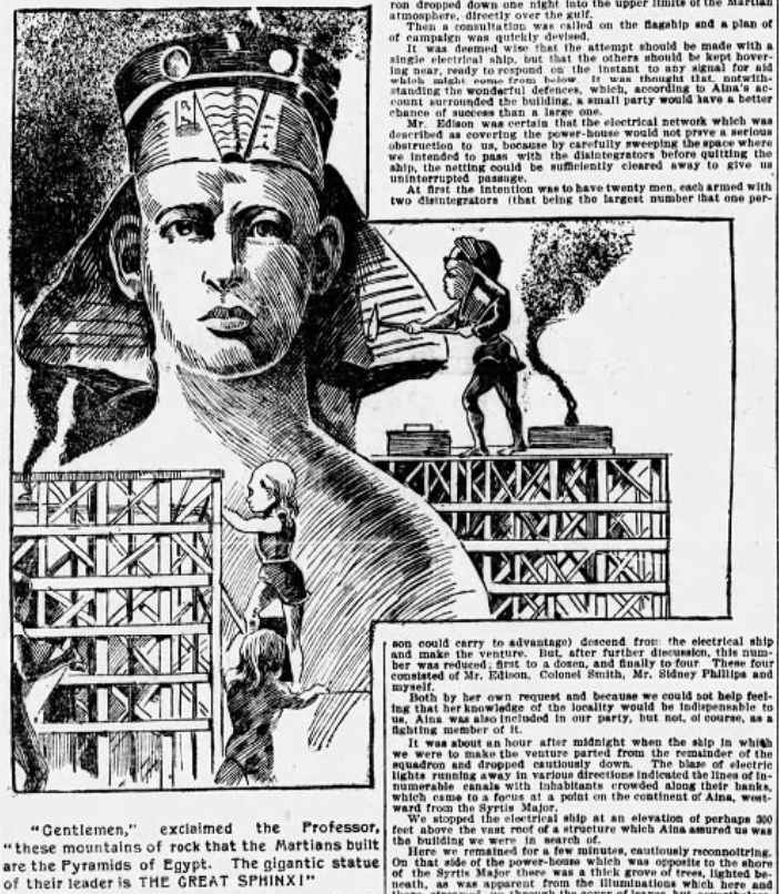 San Francisco Examiner, Edison's Conquest of Mars, artwork of giant Martians building the Egyptian Sphinx in the image of their leader, Sunday, 20 March 1898