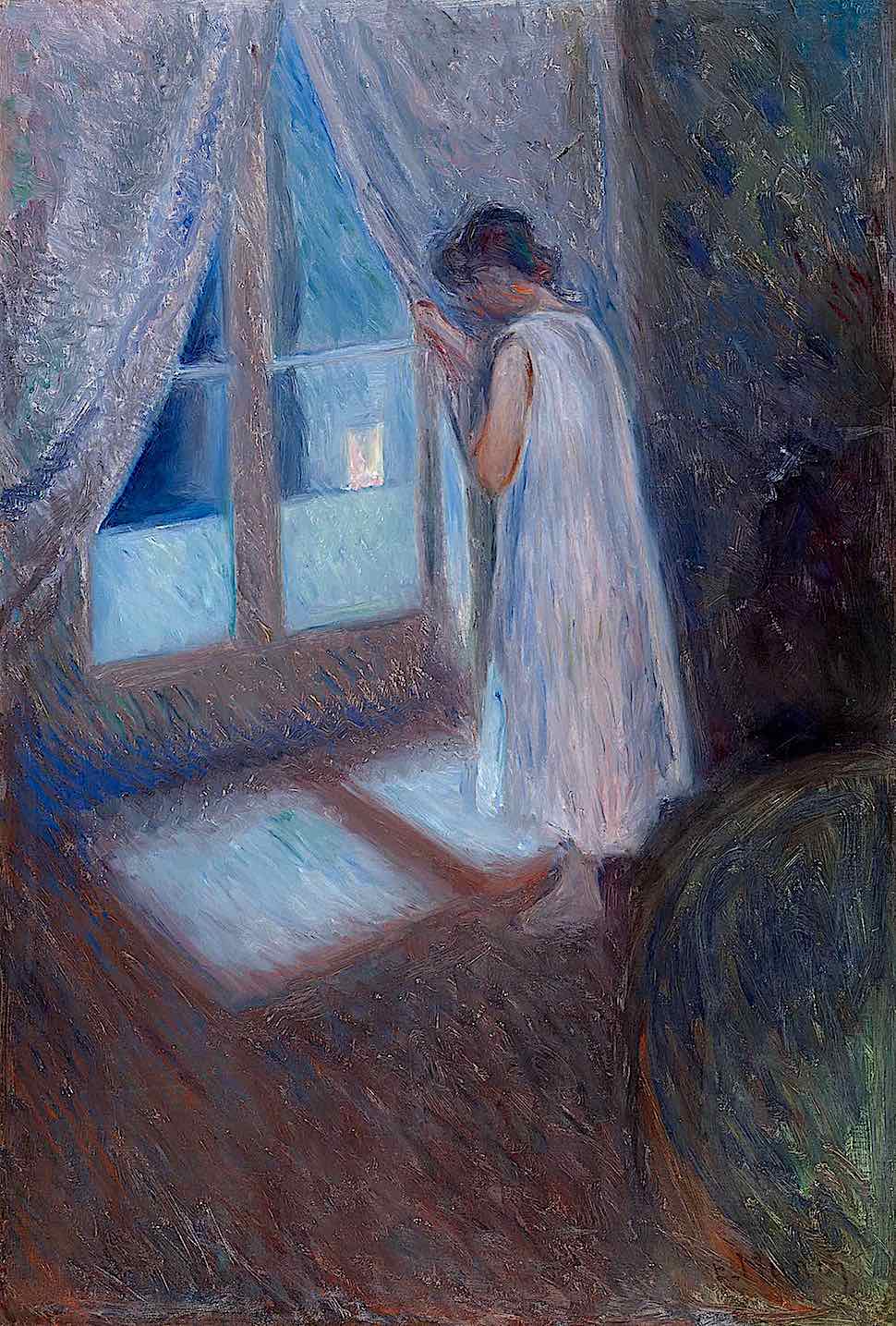 an Edvard Munch painting 1893 of a woman looking out a window at night