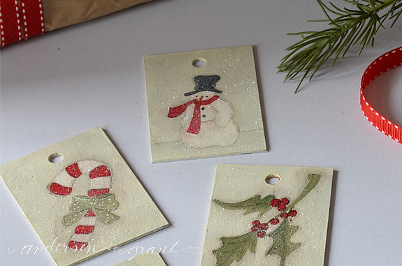 Learn how to make easy DIY Christmas Gift Tag Ornaments from leftover Formica samples! | www.andersonandgrant.com