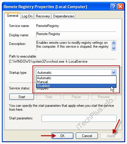 Chọn Disable tại mục Startup type