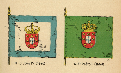 Bandeiras atribuídas a Dom João IV e Dom Pedro II em Brasões e bandeiras do Brasil (1933), de Clóvis Ribeiro.