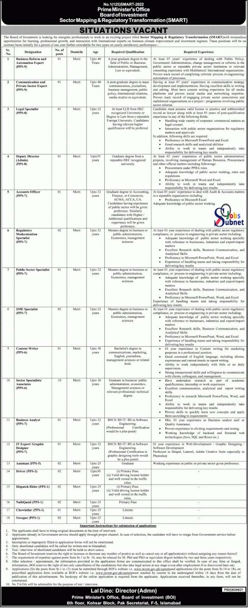 New Govt Jobs 2022 in Prime Minister Office Board of Investment BOI