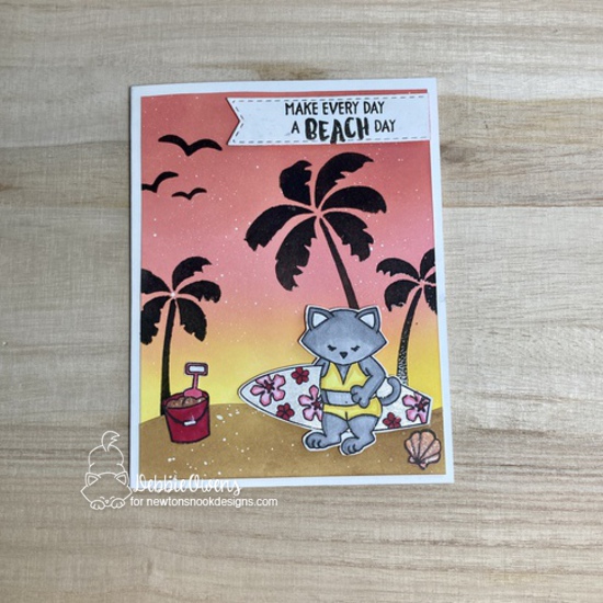 Make every day a beach day by Debbie features Retro Sun & Palms, Banner Trio, Newton's Perfect Wave, Aloha Newton, Land Borders, Manatee-rific, and Newton's Summer Vacation by Newton's Nook Designs; #inkypaws, #newtonsnook, #catcards, #cardmaking, #summercards