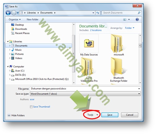 Gambar: cara mempergunakan save as dialog untuk membuat password read only dokumen microsoft word