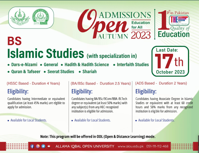 AIOU Admission BS Islamic Studies Programs Autumn 2023