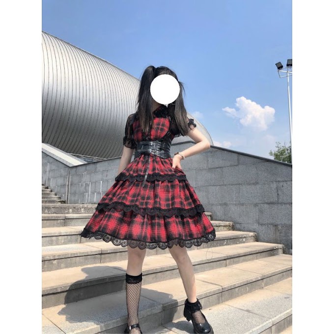 Kurumi Dress - Váy kẻ đỏ viền ren phong cách lolita