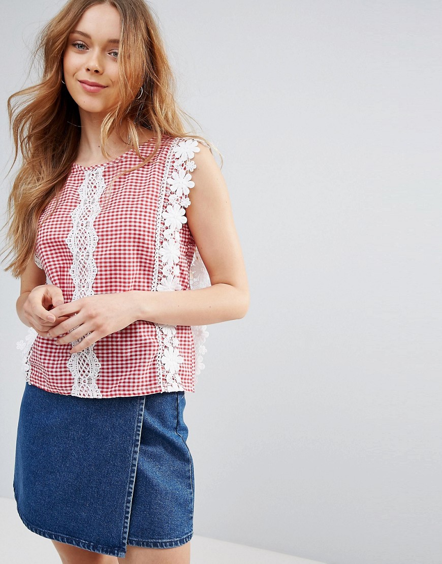 Pink Gingham Top With Crochet Detail