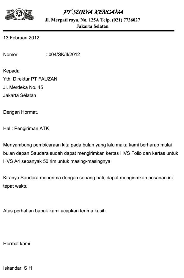 Surat Pengiriman Alat Tulis Kantor