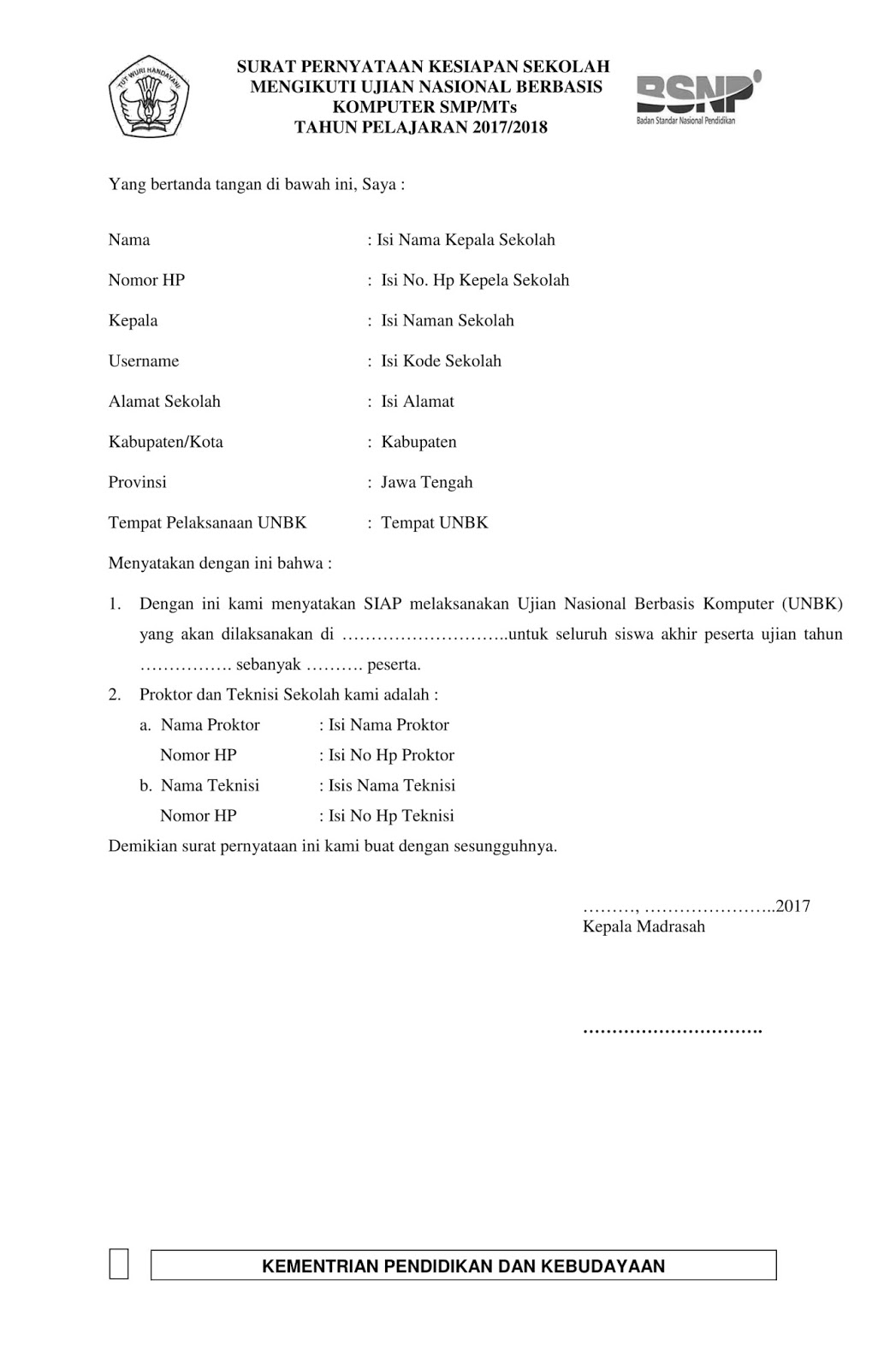 Contoh Surat Pernyataan Kesiapan Unbk 2018 Kemdikbud Simadrasah