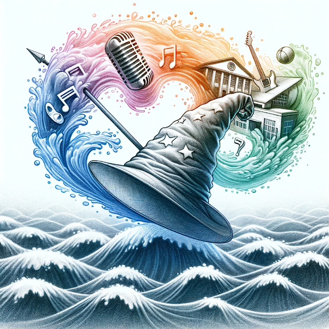 A single artwork in colored pencil sketch style, combining the elements of a sorcerer's hat, a microphone from a pop music concert, and a school, all swirling in a sea of water. The digital brain or head representing A.I. is removed from this version. The image maintains its minimalist and abstract essence with the remaining elements. The sorcerer's hat is a simple, pointed silhouette. The microphone is a sleek, modern icon. The school is depicted as a basic, recognizable building outline. These elements are harmoniously integrated into the scene amidst gentle, wavy water patterns, symbolizing a dynamic interaction between magic, music, and education in a dreamy, imaginative representation.