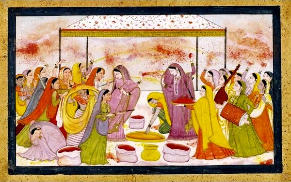 painting of many women in colorful Indian clothing with splashes of color in image, perhaps powder being thrown in the air; some women are holding musical instruments; bags of colored powder are in the foreground