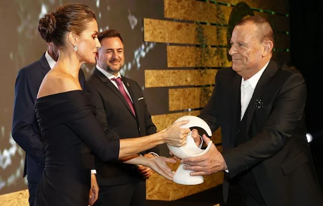 Queen Letizia wore a navy blue long sleeve midi dress by Delpozo. Jimmy Choo Bing patent crystal embellished sandals