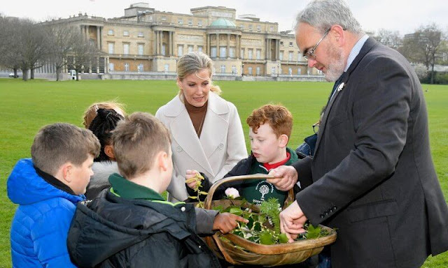 The Countess of Wessex wore a beige custodi cashmere wool coat from MaxMara. Grange Park Primary School in Shropshire