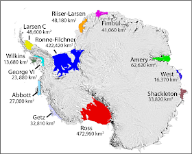 map of Antarctica which highlights the locations of the 12 major ice shelves