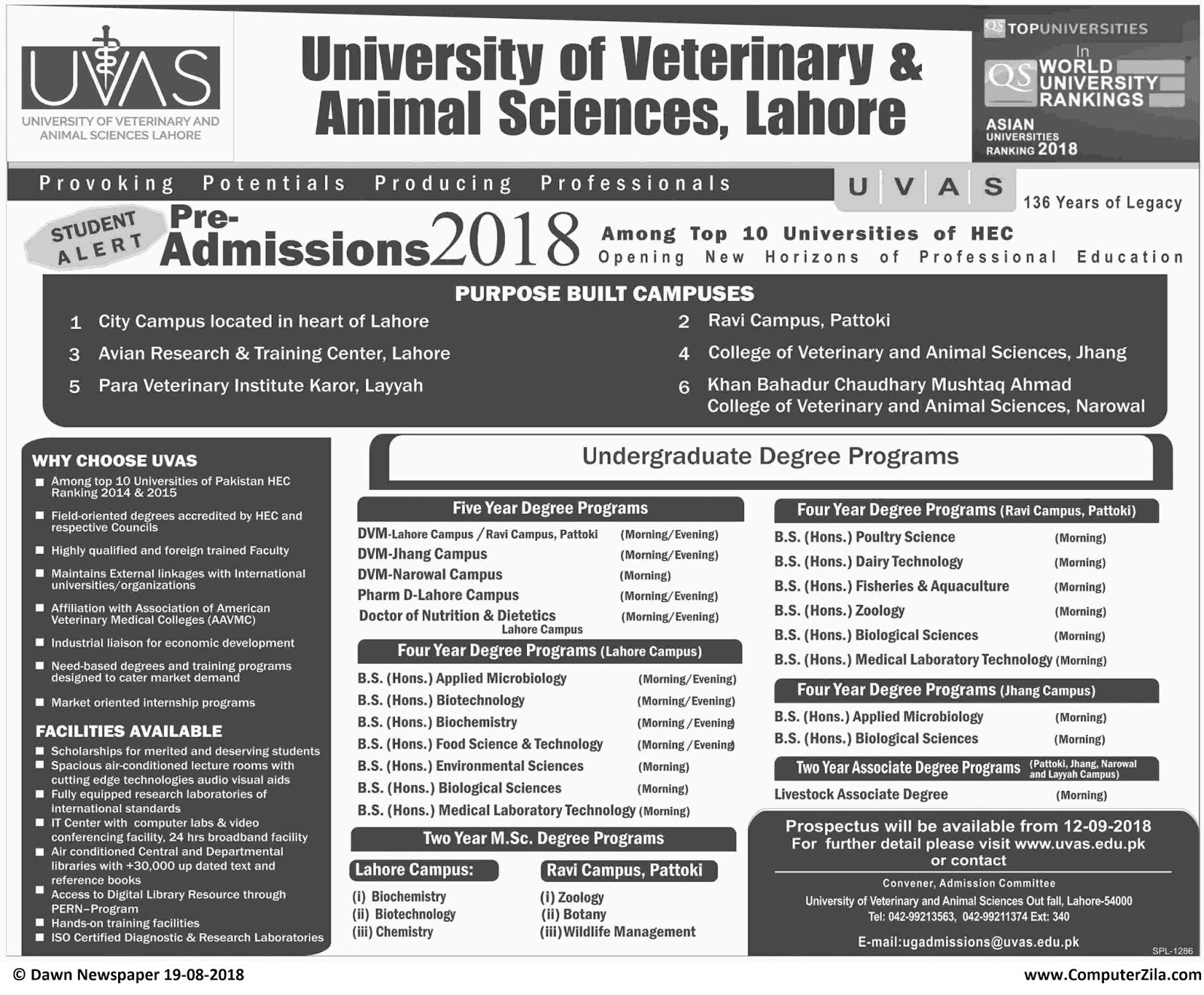 Admissions Open For Fall 2018 At UVAS Lahore, Layyah, Pattoki, Jhang and Narowal Campus