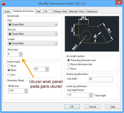 Memodifikasi Ukuran Anak Panah pada Garis Ukuran