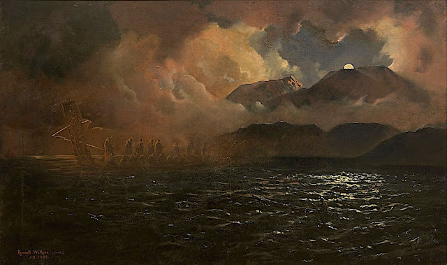 KENNETT WATKINS (1847-1933), Mount Tarawera (1, 111m - 3,645ft), New Zealand (North Island),  In  "The Phantom Canoe - A Legend of Lake Tarawera  ", oil on canvas, Auckland Art Gallery