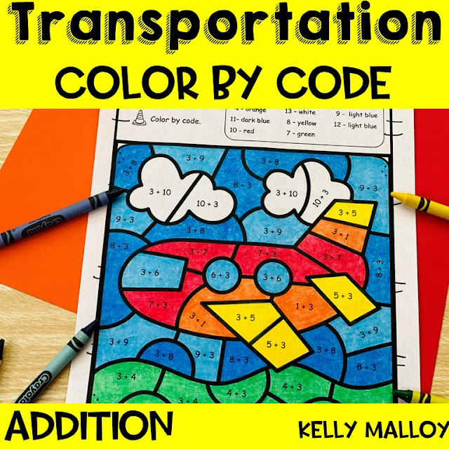 Transportation-Themed Addition Color by Number Worksheets