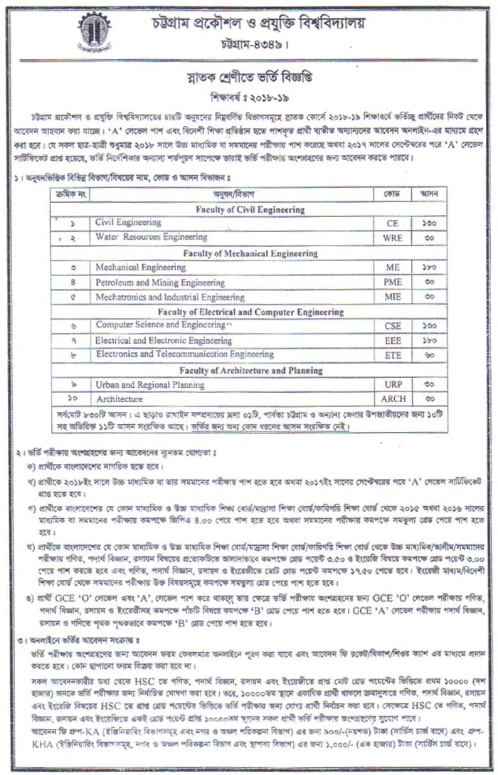 CUET University  Admission Test Circular Notice 2018-19 | cuet.ac.bd