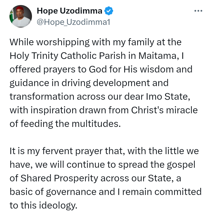 Governor of Imo State, Hope Uzodimma "offered prayers to God for His wisdom and guidance" at Holy Trinity Catholic Parish, Maitama