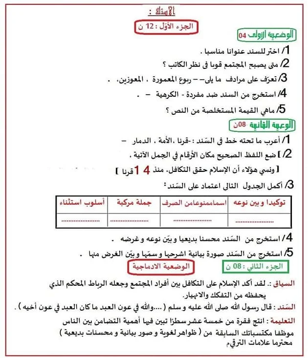 اختبار الثلاثي الاول في مادة اللغة العربية للسنة الرابعة متوسط