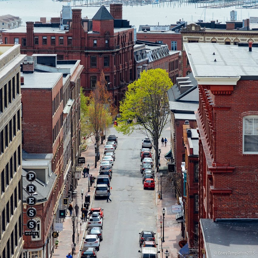 Exchange Street in the Old Port of Portland, Maine aerial view from City Hall. May 9, 2015. Photo by Corey Templeton.