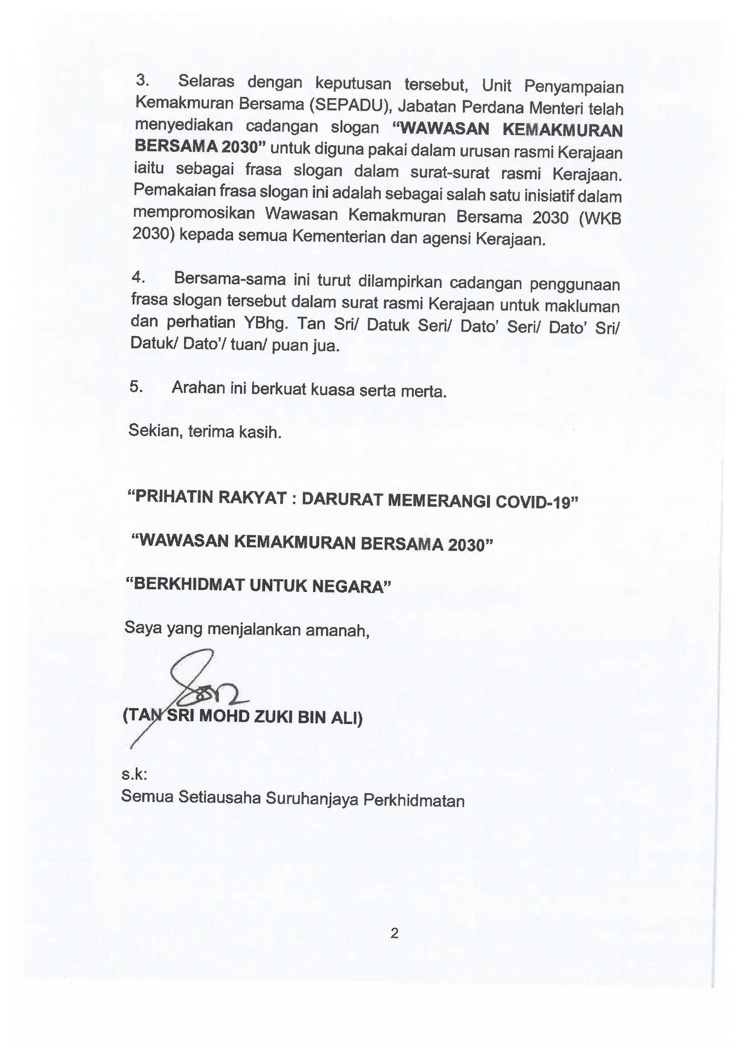 Penggunaan Frasa Wawasan Kemakmuran Bersama 2030 Dalam Urusan Penyediaan Surat Rasmi Kerajaan Berkuat Kuasa Serta Merta