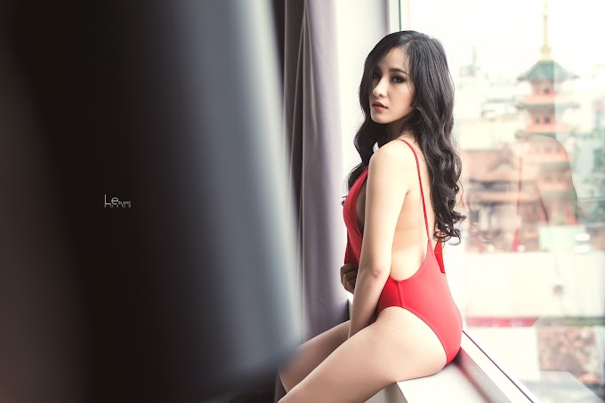 Beauty Vietnamese Girl Minh Hà in Red Bodysuit