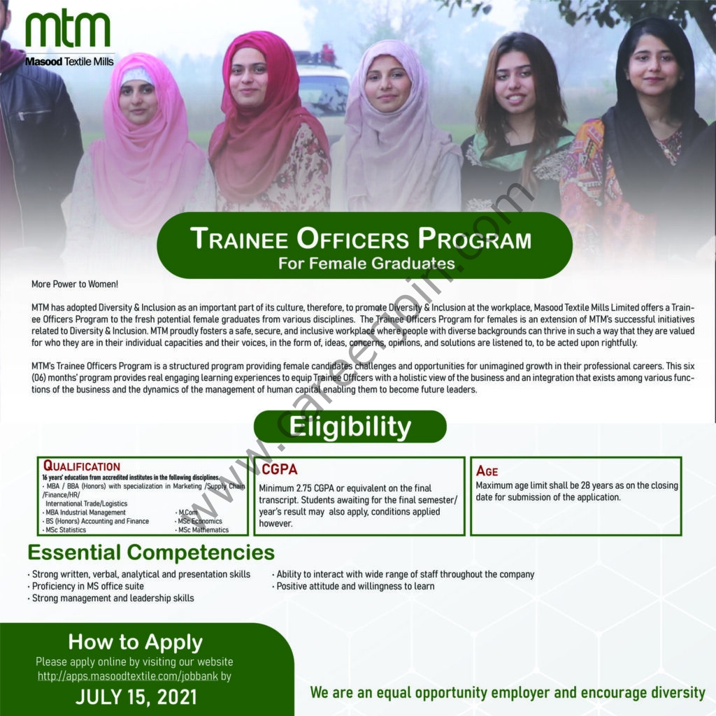 Masood Textile Mills Ltd MTM Trainee Officers Program 2021